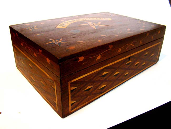 "J H Farrington's" 19th century sailor-made valuables box with fabulous fruitwood inlays — image 2